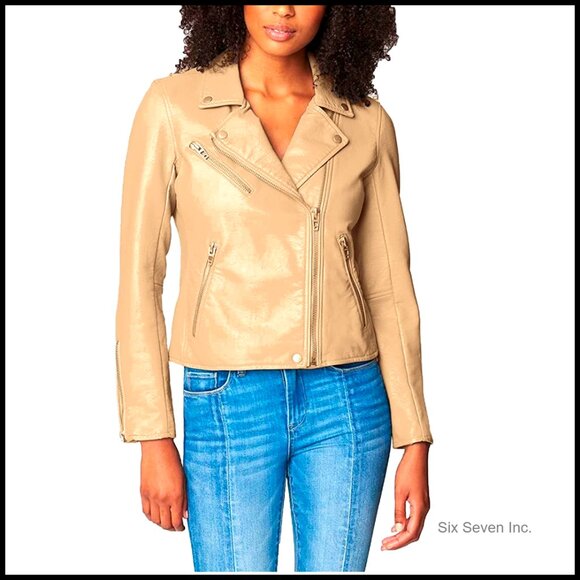 Semi Fitted Vegan Leather Motorcycle Jacket with Asymmetrical Zip